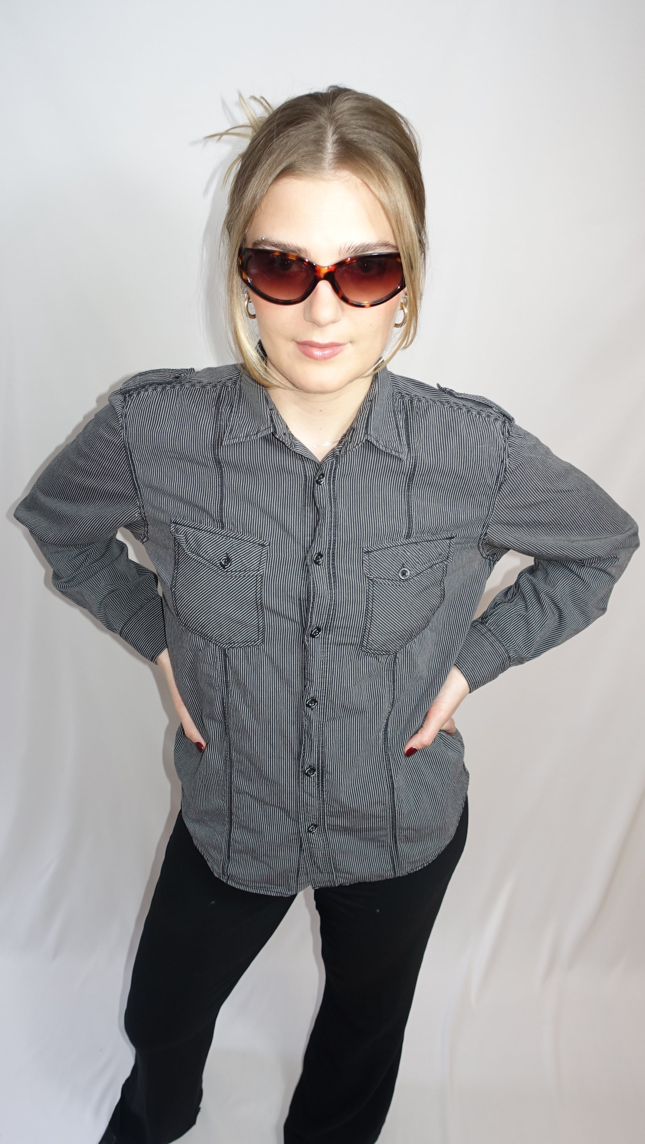 Black/White Utility Shirt With Chest Pockets