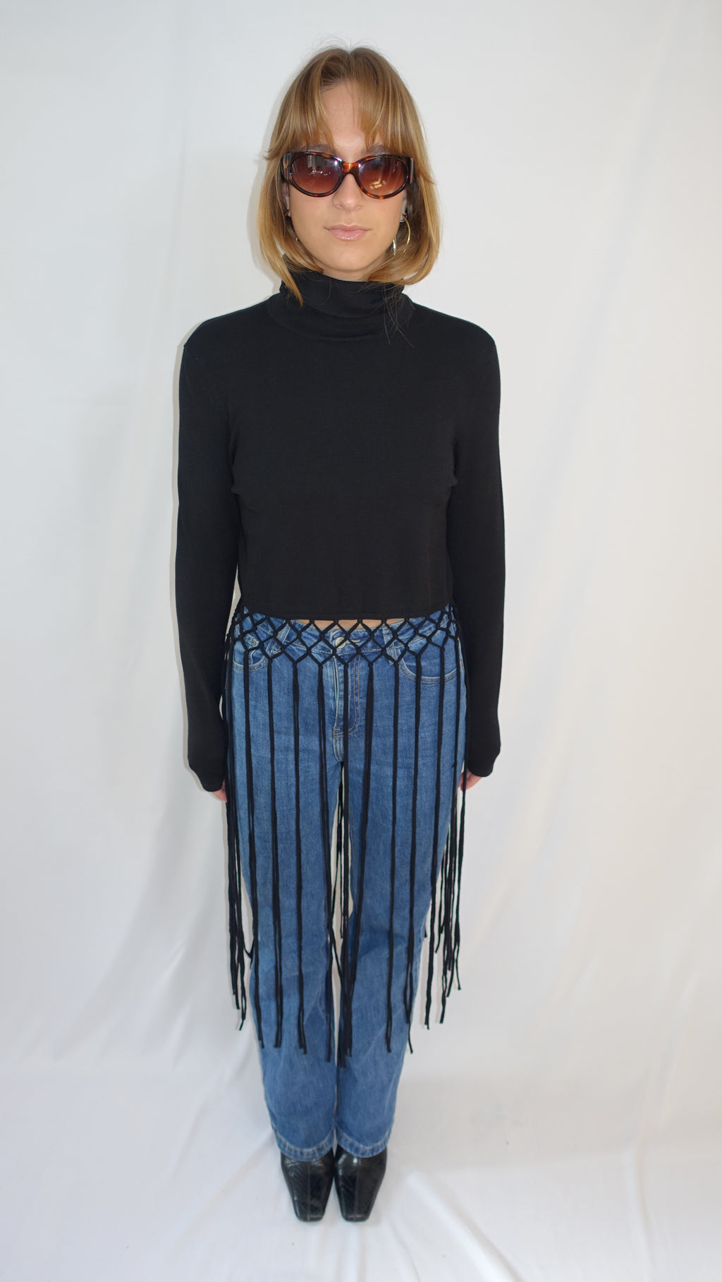 Black Longsleeve Turtleneck Knit With Long Fringe