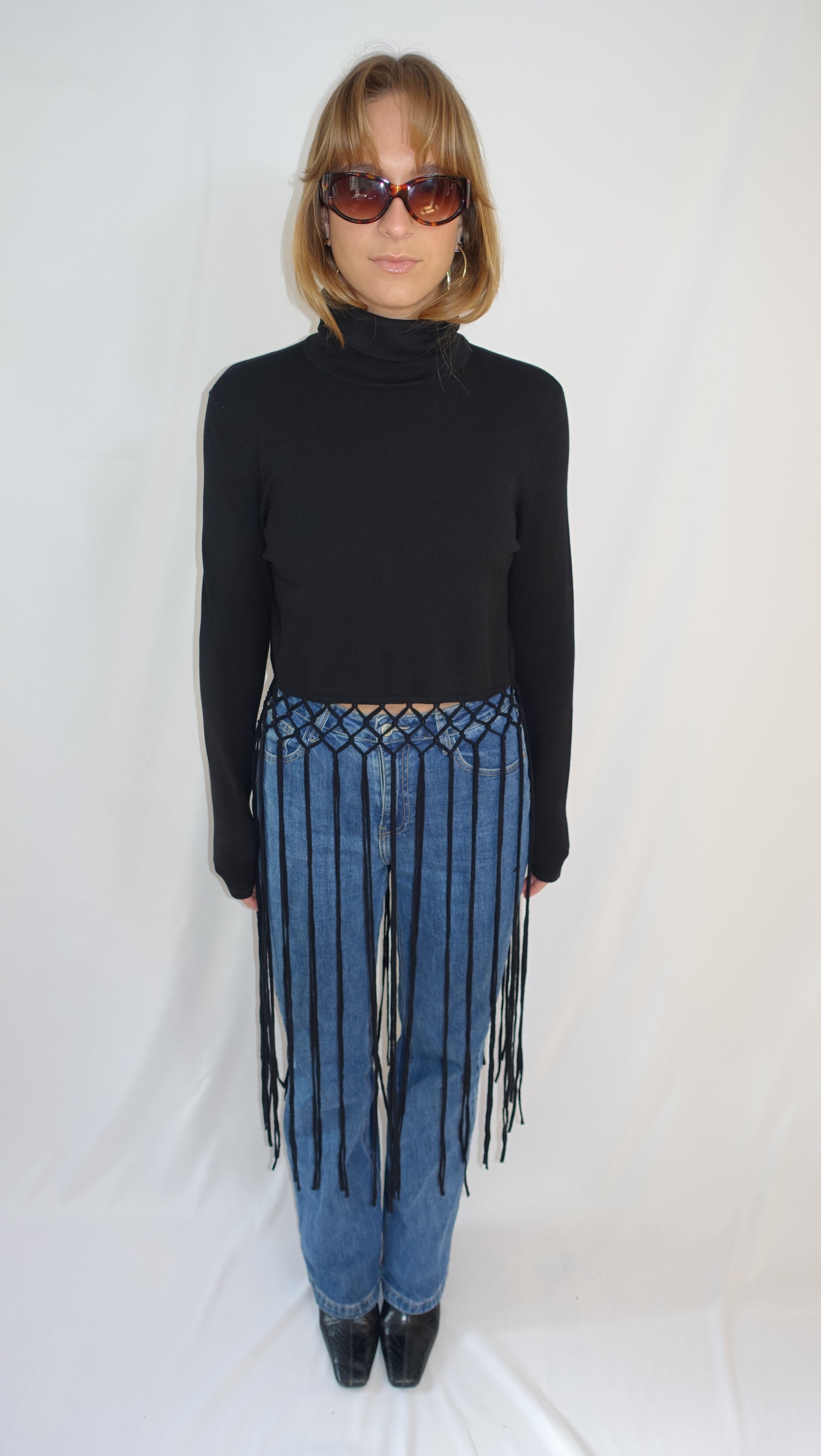 Black Longsleeve Turtleneck Knit With Long Fringe