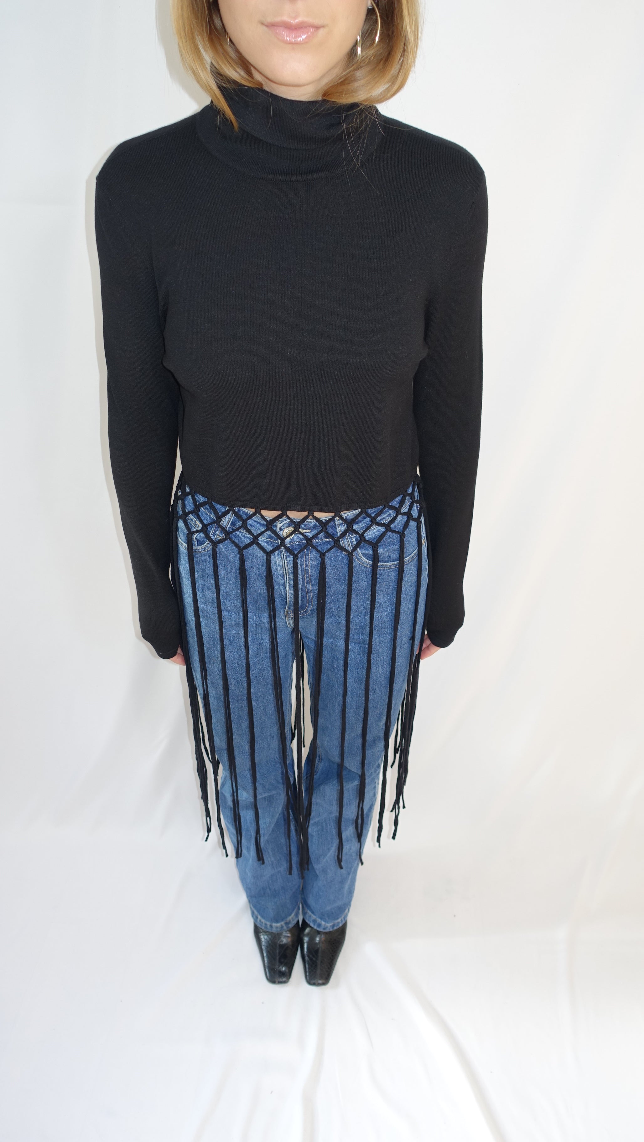 Black Longsleeve Turtleneck Knit With Long Fringe