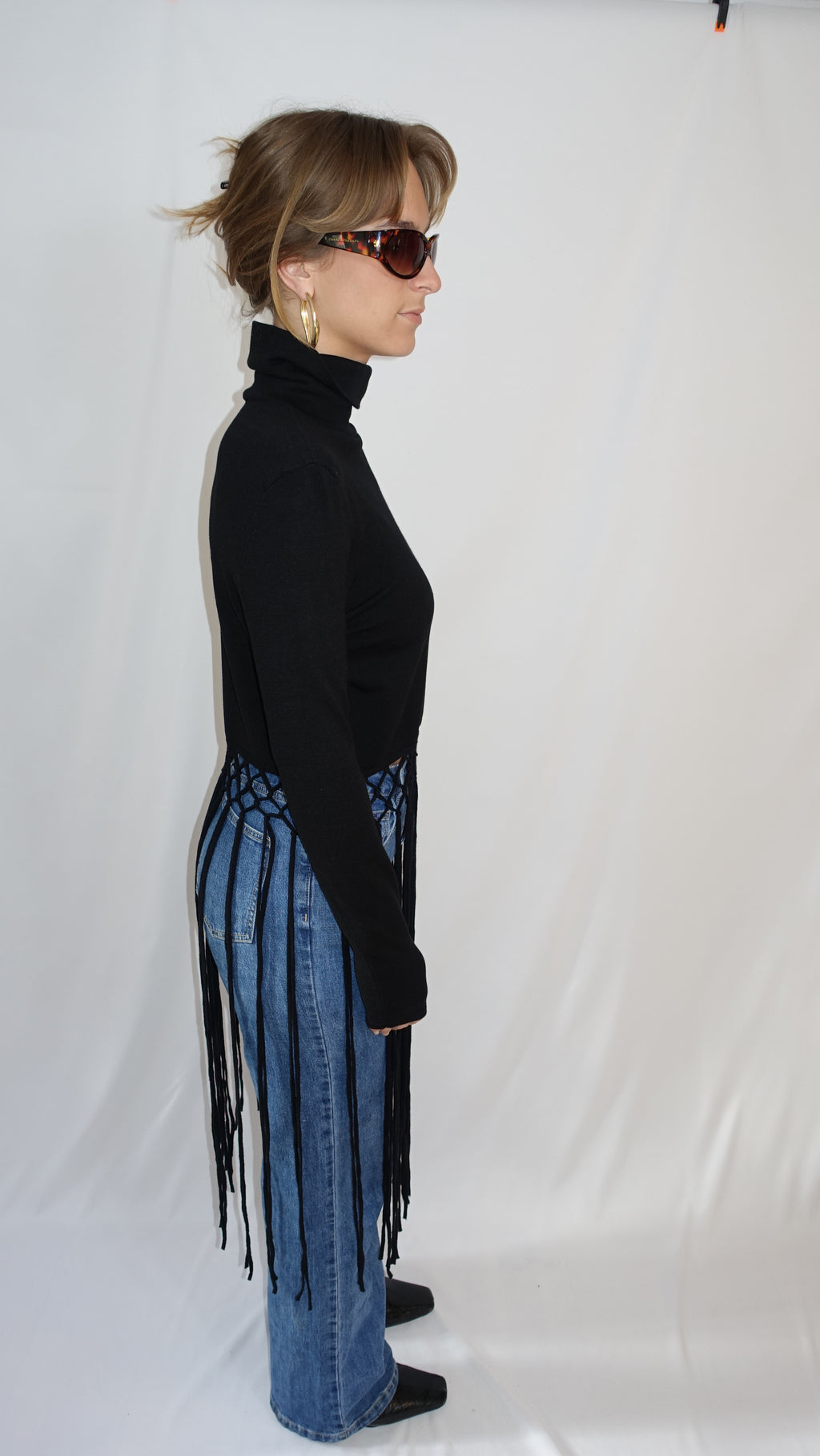 Black Longsleeve Turtleneck Knit With Long Fringe