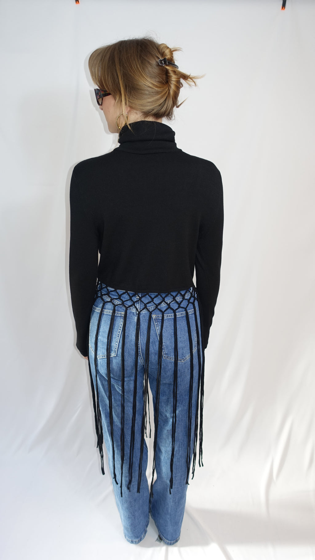 Black Longsleeve Turtleneck Knit With Long Fringe